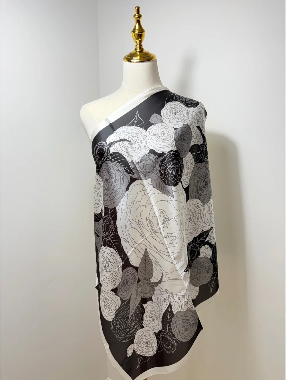 Black and White Floral Scarf with Rose Pattern